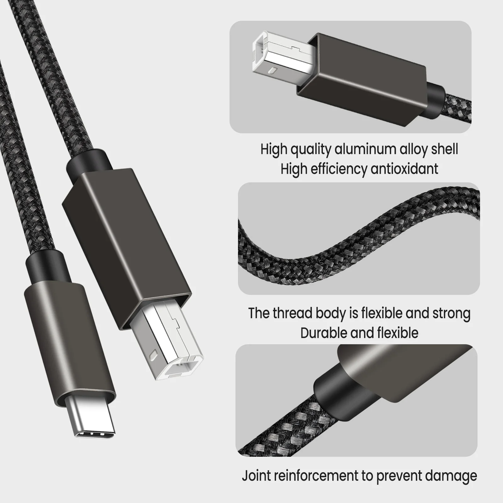 USB C USB A to USB B 2.0 프린터 케이블, 편조 프린터 스캐너 코드, 카메라 엡손 HP 캐논 프린터용, USB 프린터, 1/1 m, 2 m, 3m
