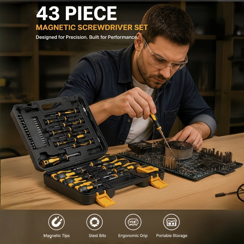 43Pcs Magnetic Screwdriver Set, Mag/Demag, Bits, Ergo Handle & Magnetic Base for Auto/Electronics, Men's Precision Kit