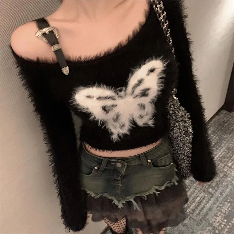 

Korean Fashion Butterfly Print Casual Long Sleeve Sweater Top Women Autumn Winter Skew Collar Strapless Sexy Knitted Pullovers