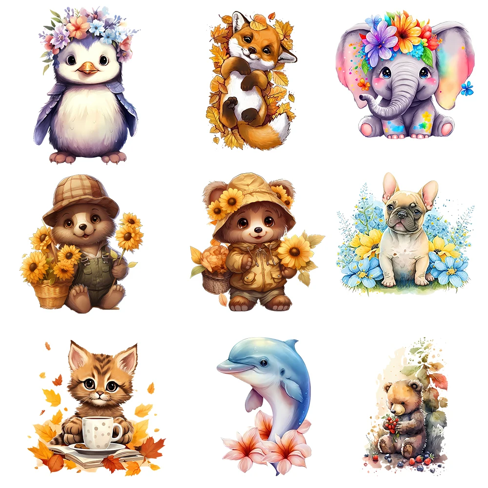 2PCS Cartoon Cute Animal Bear Foxes Elephant Penguin Bird Fox Raccoon Pattern Iron On Transfer For Baby Cloth Sticker on Fabric