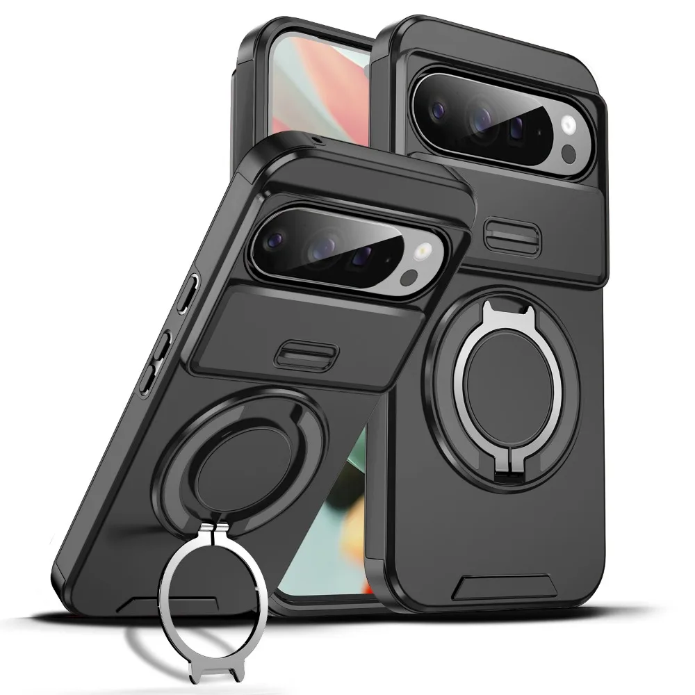 Hybrid Dual Layer Magnetic Metal Stand Case with Slide Camera Lens Protector - Shockproof Cover