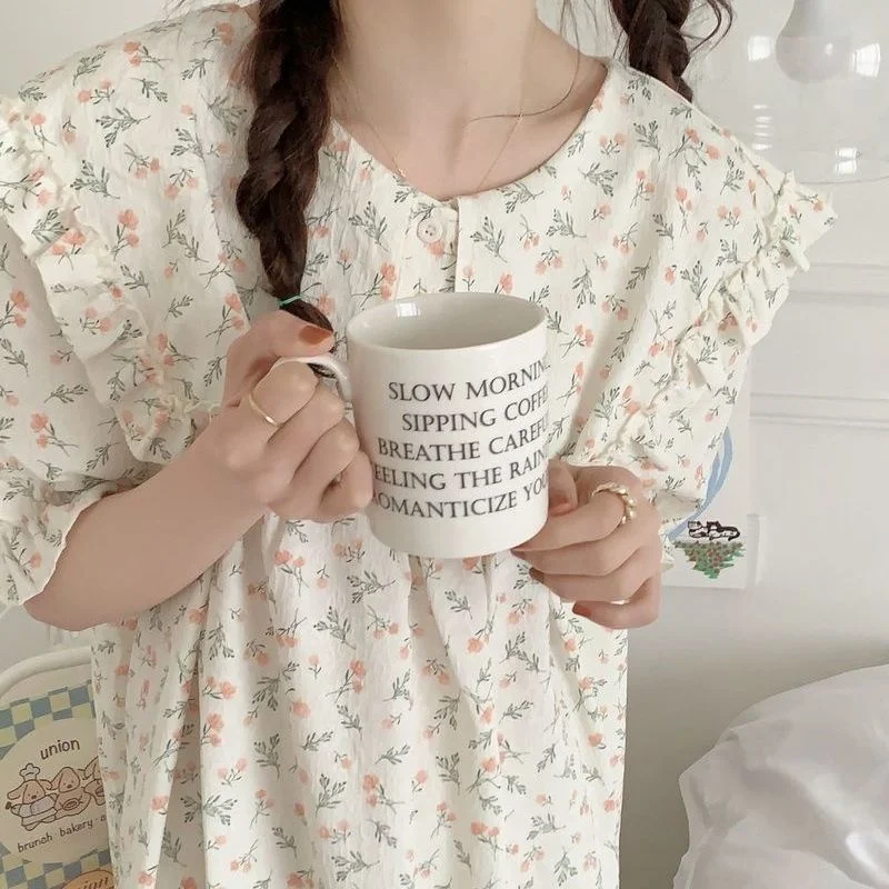 Summer Nightgowns for Women Short Sleeve Floral Nightdress Sweet Dress for Sleeping Korea Sleepshirt Pajamas Loose Home Clothes