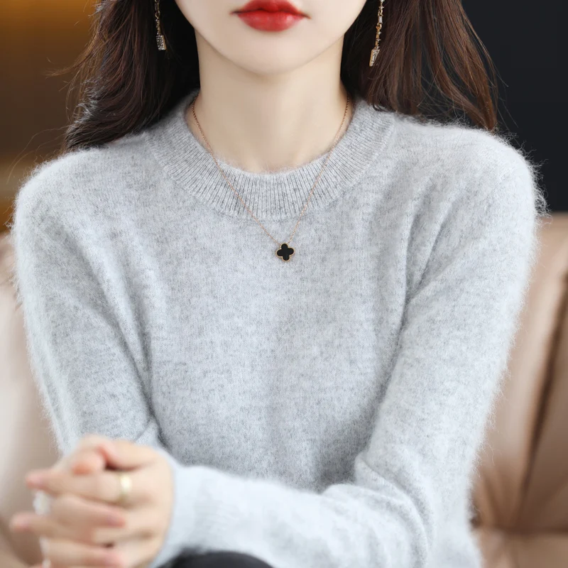 

2023 100% Mink Cashmere Women's O-neck Sweater Short Knitted High Quality Mink Cashmere Women's Pullover Sweater Hot sale spring