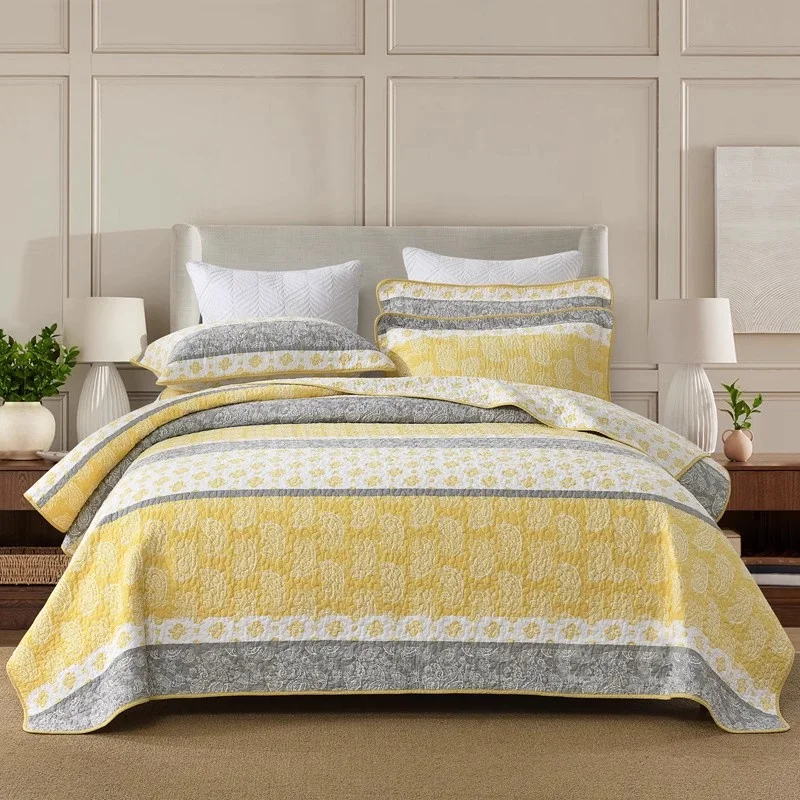 Copriletto trapuntato sul letto Set trapunta in cotone 3 pezzi Copriletto stampato Coperta di lino Coprimaterasso imbottito Trapunte Coprimaterasso