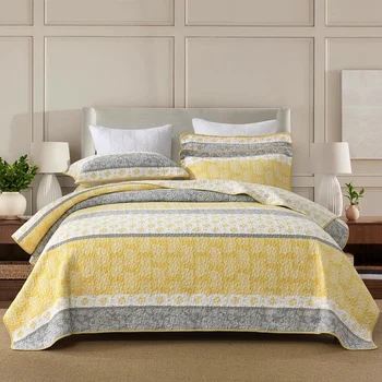 Copriletto trapuntato sul letto Set trapunta in cotone 3 pezzi Copriletto stampato Coperta di lino Coprimaterasso imbottito Trapunte Coprimaterasso