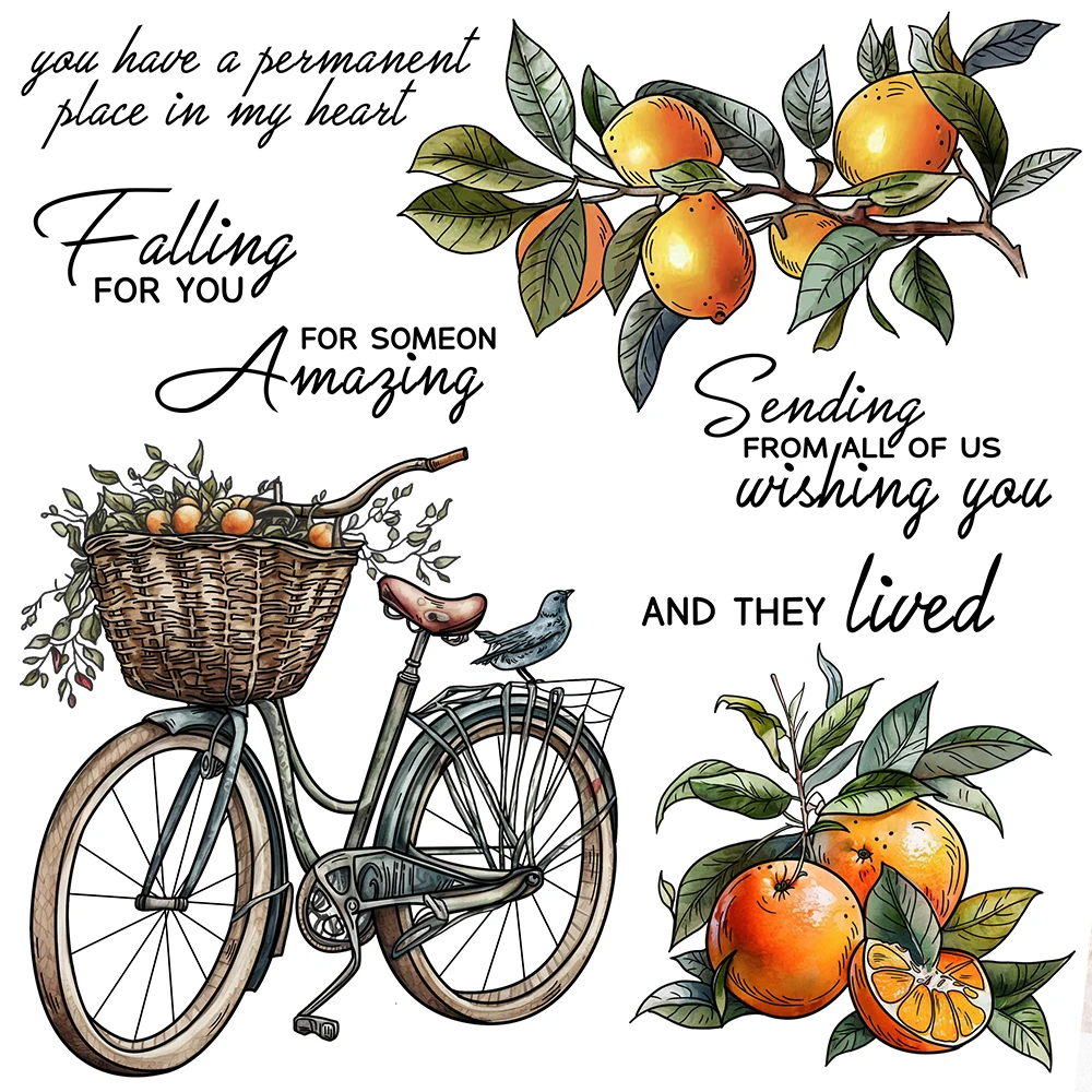 

Mangocraft Spring Day Bicycle And Oranges Cutting Dies Clear Stamps DIY Scrapbooking Metal Dies Silicone Stamps For Cards Decor