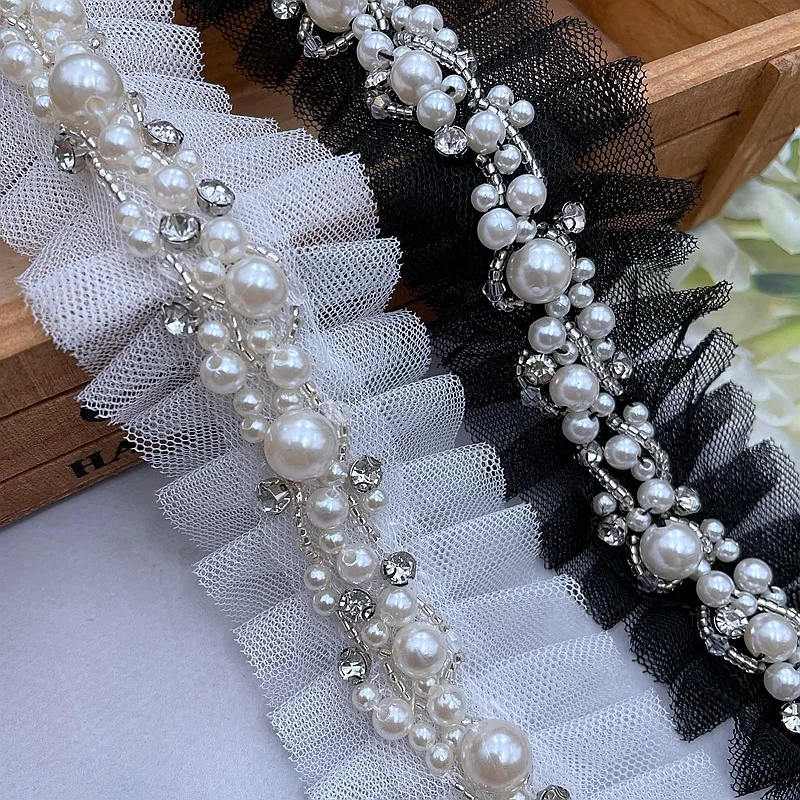 

4.5Yards Pearl Beaded Rhinestone Lace Trims Sew On White Mesh Pleated Ruffle Ribbon For Clothes Wedding Dress Belt Accessories