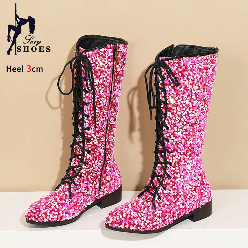 Shiny Sequin Mid-Calf Boots For Women's 3CM Low Heels Exotic Club Dance Shoes 2024 Autumn New Lace-up Ladies Boots Party Shoes
