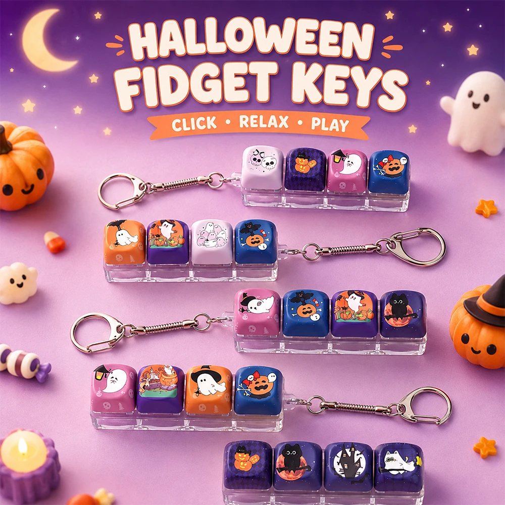 Halloween Fidget Tastatur-Schlüsselanhänger Niedlicher Geist Entspannungstaste Tastenkappe Tragbarer Fidget-Schlüsselanhänger Modischer Taschenanhänger als Halloween-Geschenk