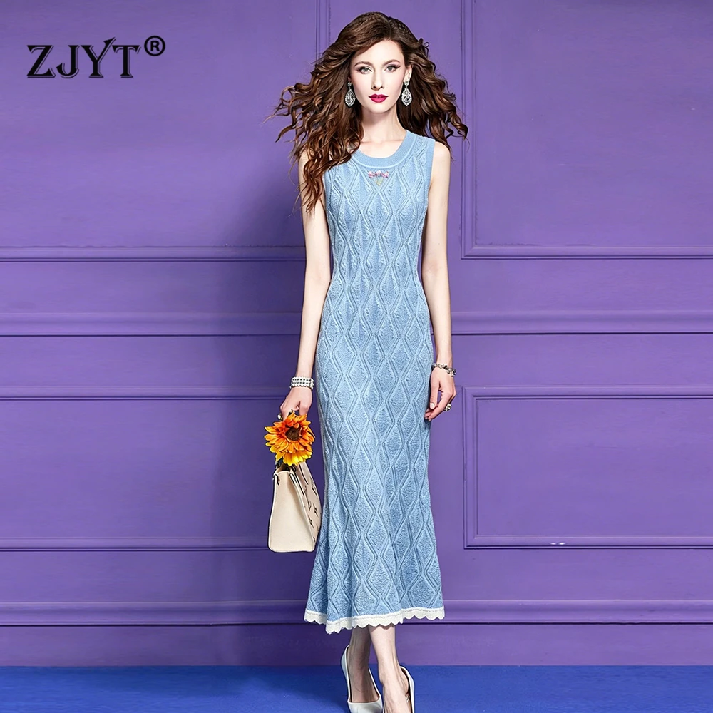 ZJYT Summer Knitted Maxi Dresses for Woman Party Evening Elegant Designer Sleeveless Hollow Out Sweater Tank Dress Blue Yellow 1