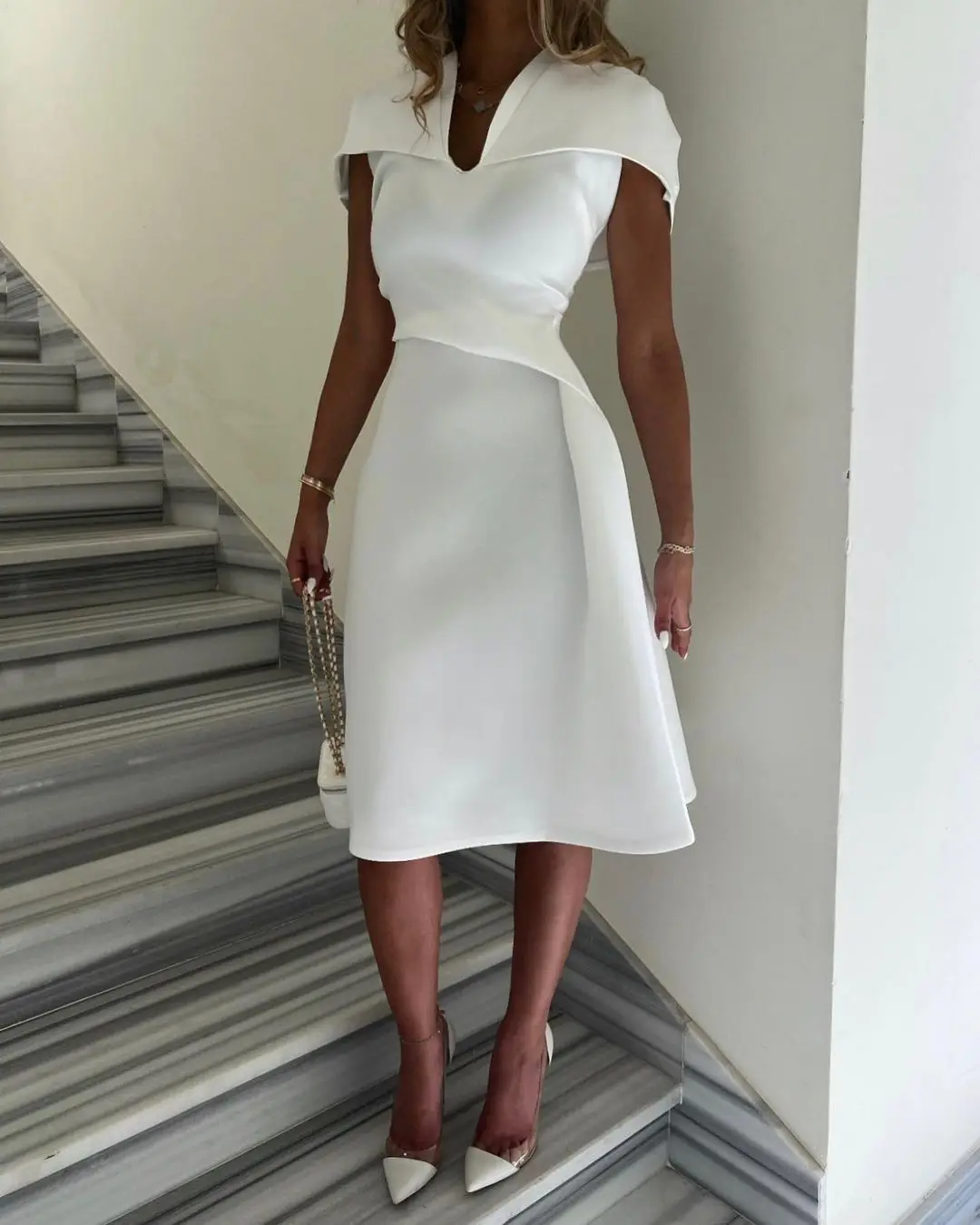 

Carolina Vintage V Neck Short Sleeve White Prom Dresses Pleated Knee Length vestidos de novia Formal WomenParty Dresses