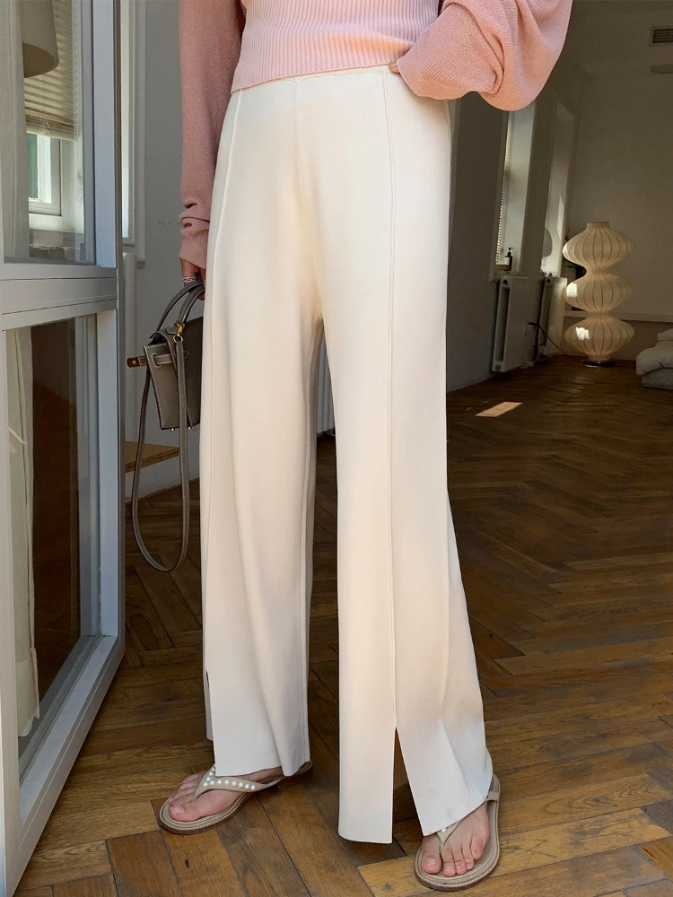 

Chic and Elegant Women's Pants Knitted Oversize Split Wide Leg Pants Loose Casual Solid Korean Fashion Straight Trousers Women