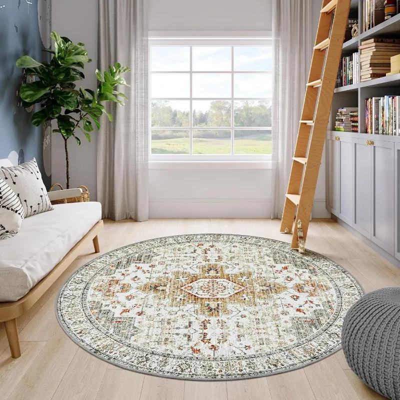 Round Living Room Carpet Retro Geometric Luxury Bedroom Plush Rug Foldable Machine Washable Non-slip Sofa Coffee Table Mat Tapis