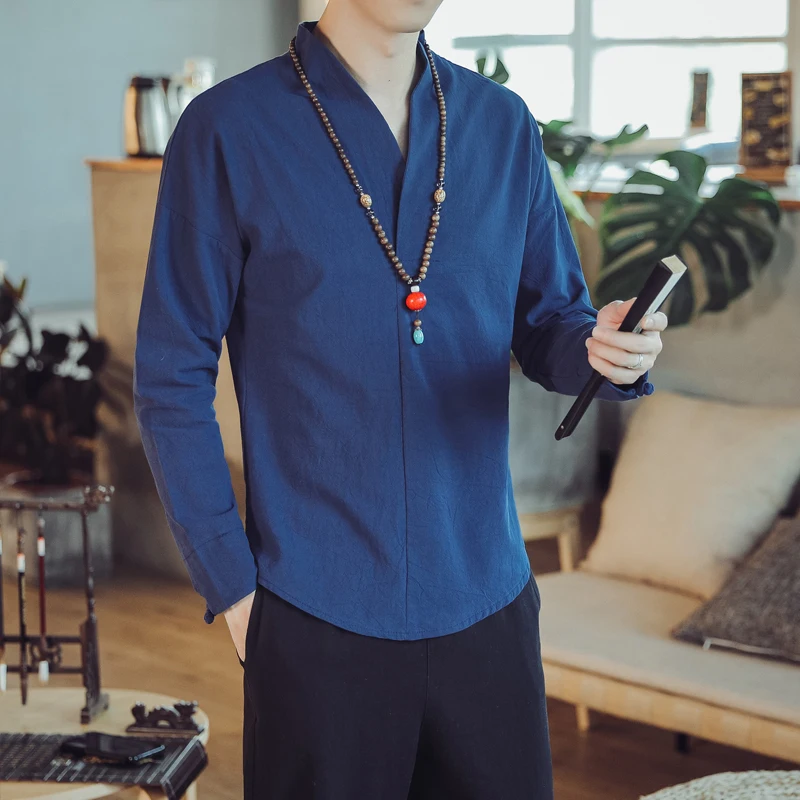 

Китайская рубашка Hanfu в восточном стиле, Шанхай, голубая рубашка для медитации, Женская хлопковая льняная футболка с V-образным вырезом и длинным рукавом Tangzhuang Blous