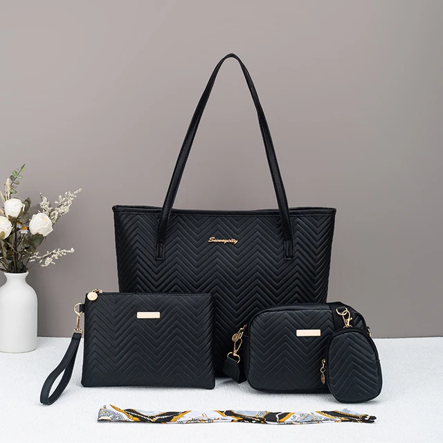 Embossed water ripple elegant four piece tote bag with large capacity for flat carrying, hand-held bag, crossbody bag, portable