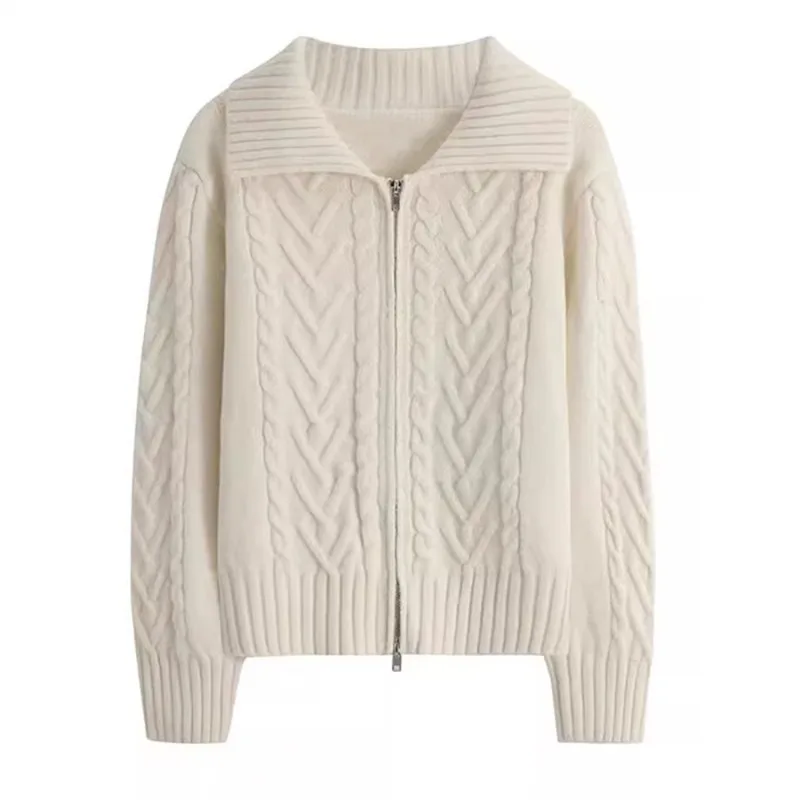 Fashion Autumn Fried Dough Twists Zipper CardiganSweater Women Winter Thickened Knitted Cardigan Long Sleeve Lapel Coat