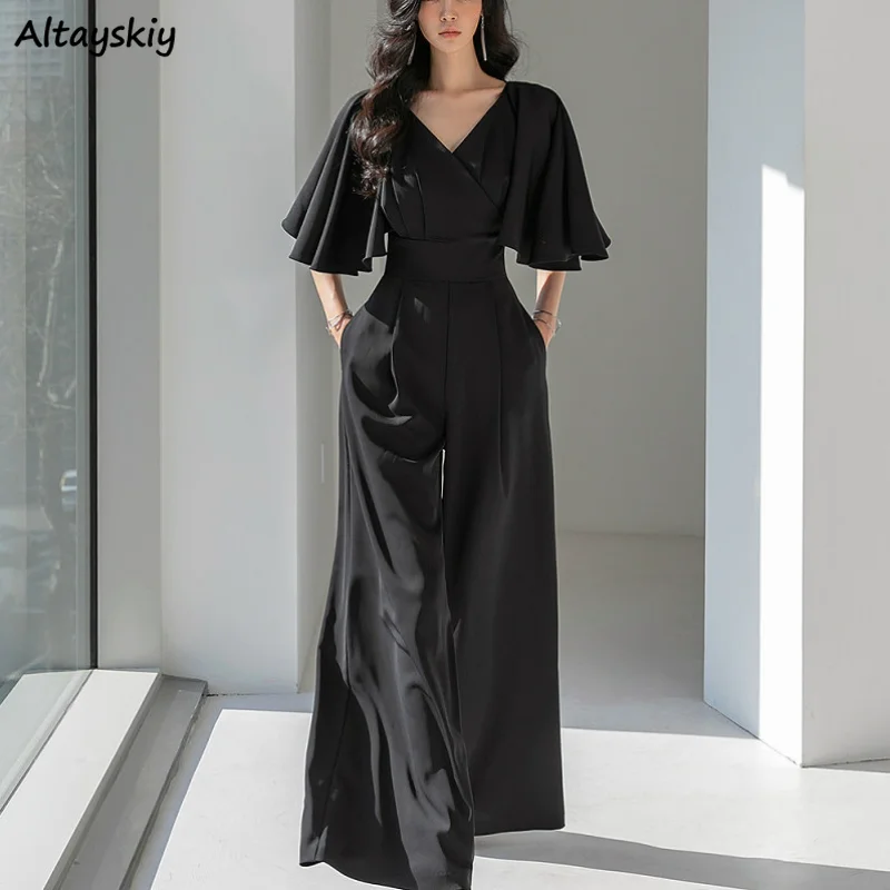 Flying Short-sleeve Jumpsuits Women Loose S-4XL V-neck Black Wide Leg Simple Elegant Office Ladies New Arrivals Summer Fashion