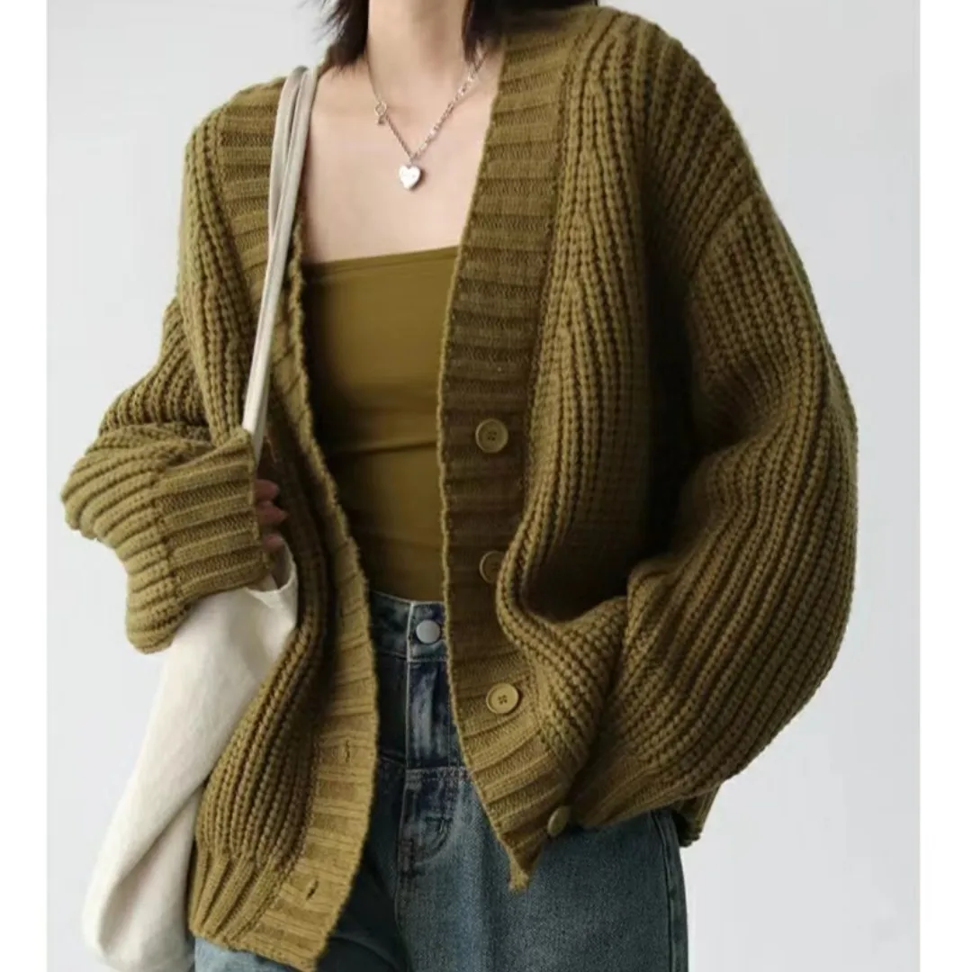 

ZASRAFLY Women's V Neck Short Knitted Cardigan Spring Autumn Korean Casual Loose Long Sleeve Sweater Outerwear 2 Colours