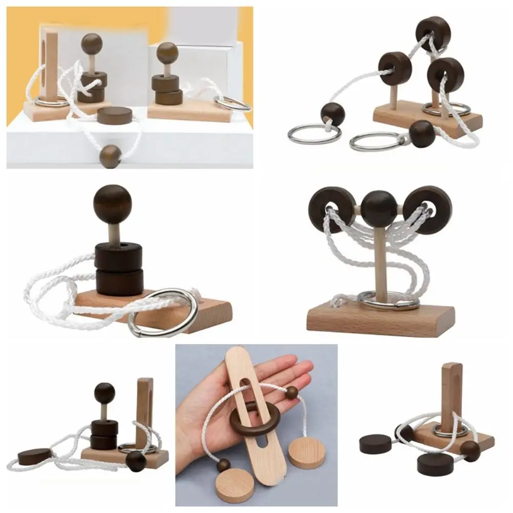 Classic 3D Threading Rope Loop Puzzle Wooden Montessori Labyrinth Unlock Kongming Lock Decompression