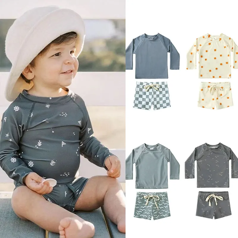 Summer Kids Boy Swimsuits Sun Protection Vacation Beach Pants Long sleeve Tops with Hat Children Surfing Swim Suit 1-7Years