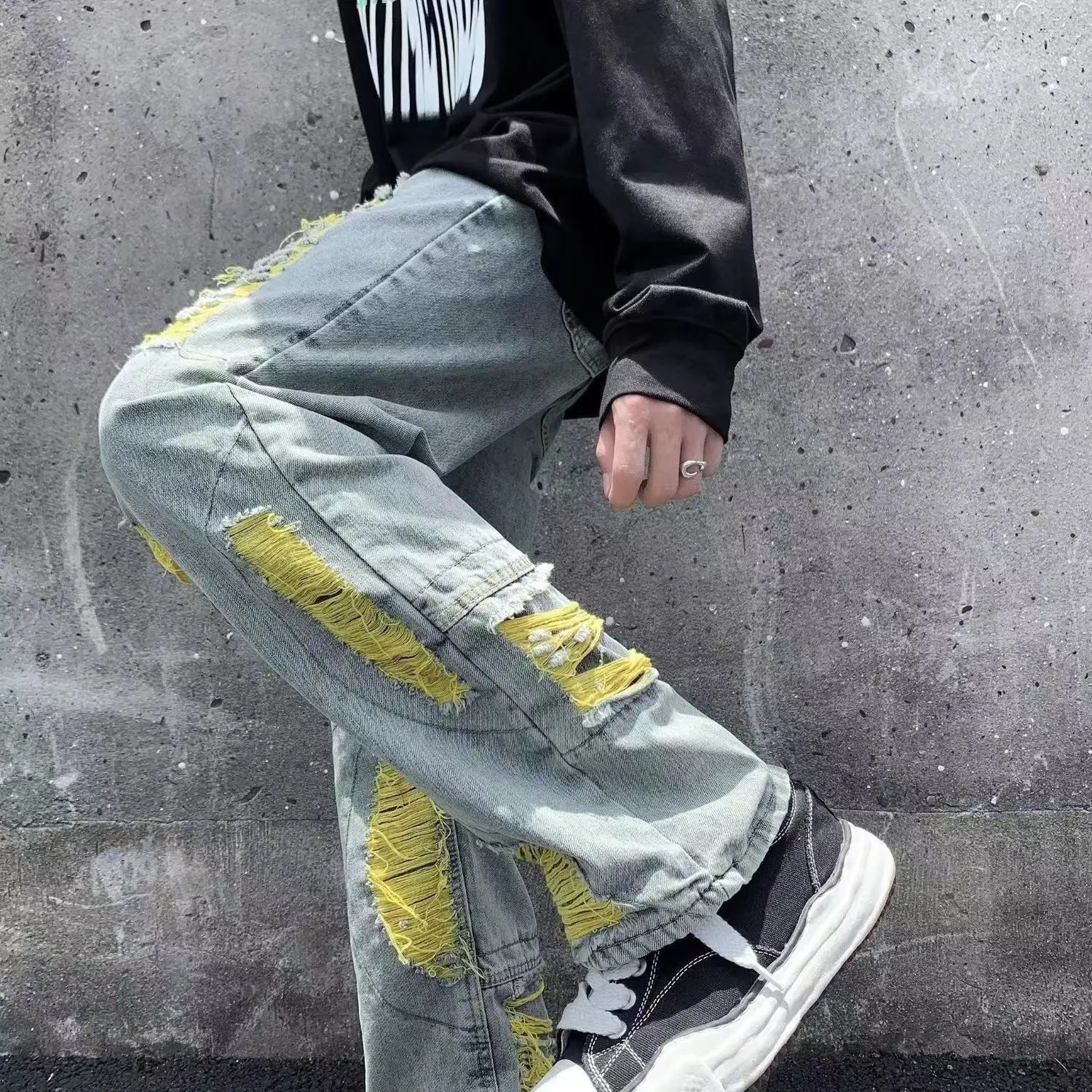 Autumn men\'s casual jeans American ins trend brand high street niche design Y2K retro washed distressed casual trousers hot sale