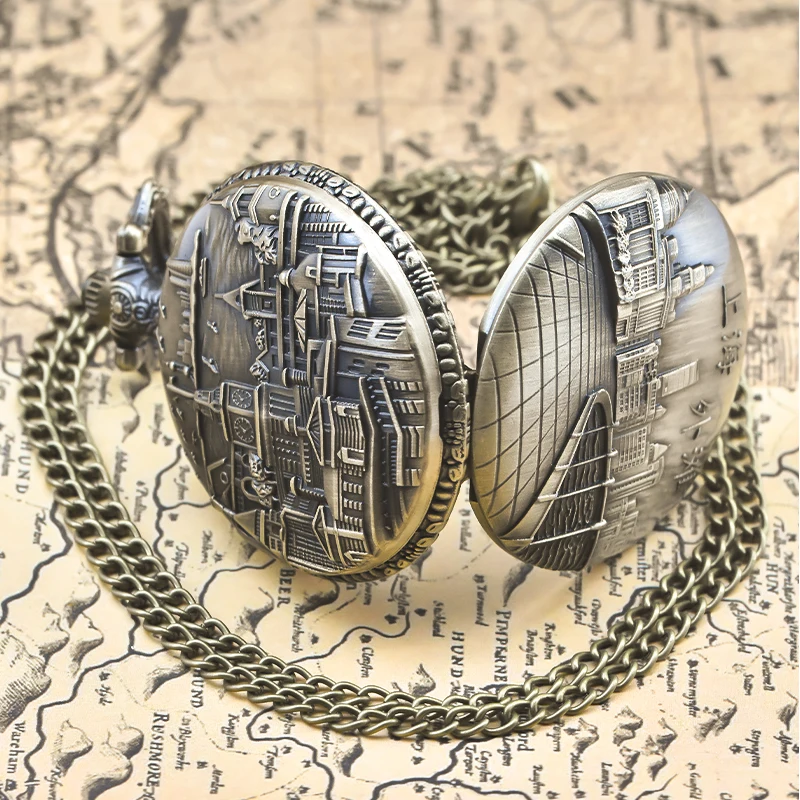 빈티지 청동 Steampunk 상하이 명소 새겨진 석영 주머니 시계 목걸이 펜던트 시계 체인 남성 여성 체인 선물