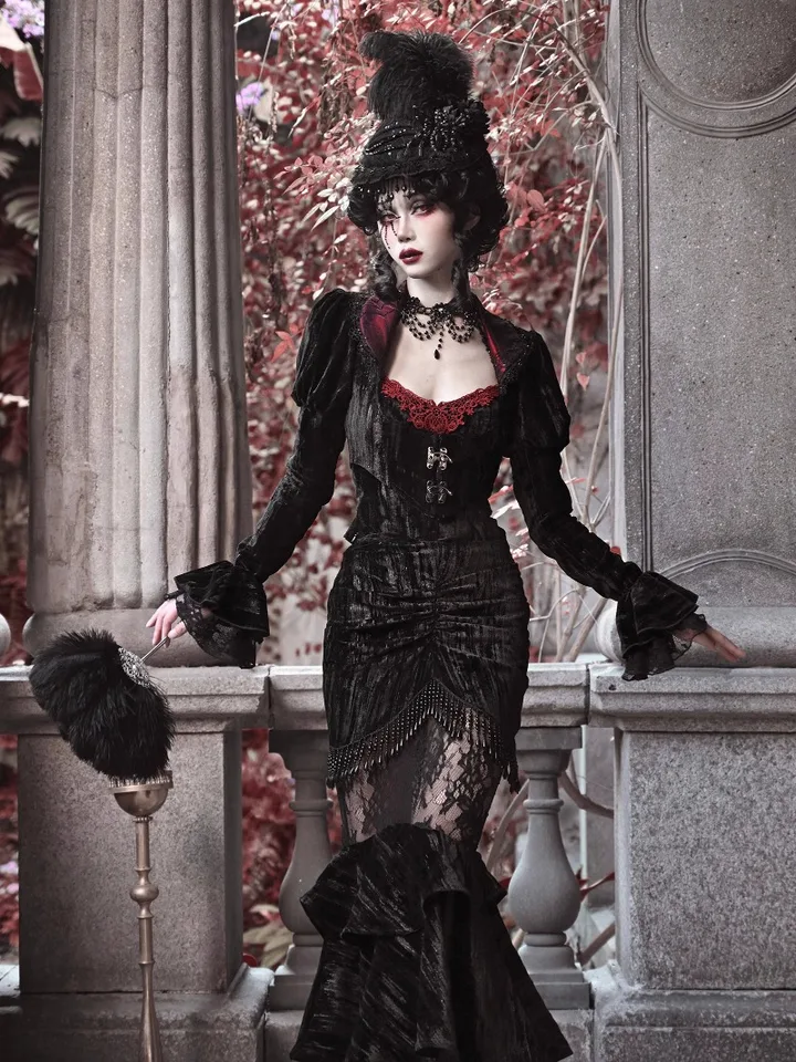 Dark Black Gothic Halloween Velvet Cobweb Coat Cardigan Long