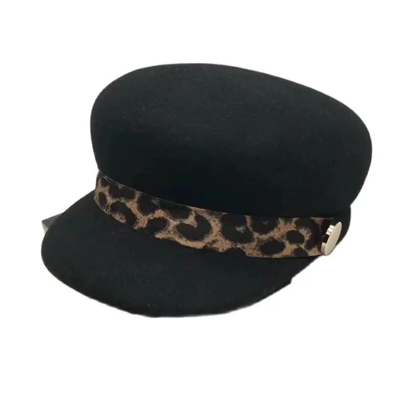 

Vintage Style Black Leopard Band Winter Beret Cap 100% Wool Felt Hat Newsboy Cap for Women Warm Visor Hat Cap Ladies Cap
