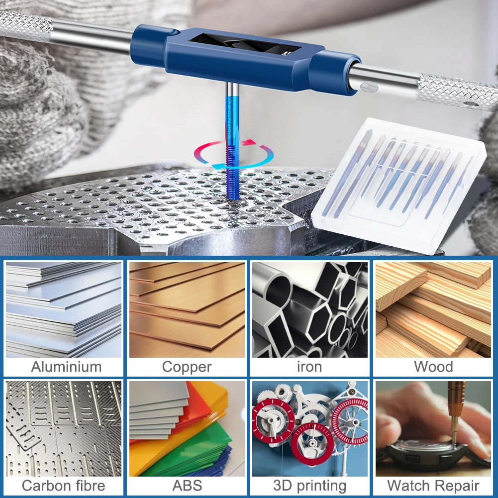 Thread Tap 10pcs M1-M3.5 HSS Metric Plug Tap Screw Drill with Adjustable Wrench Nano Blue Coated Machine screw tap