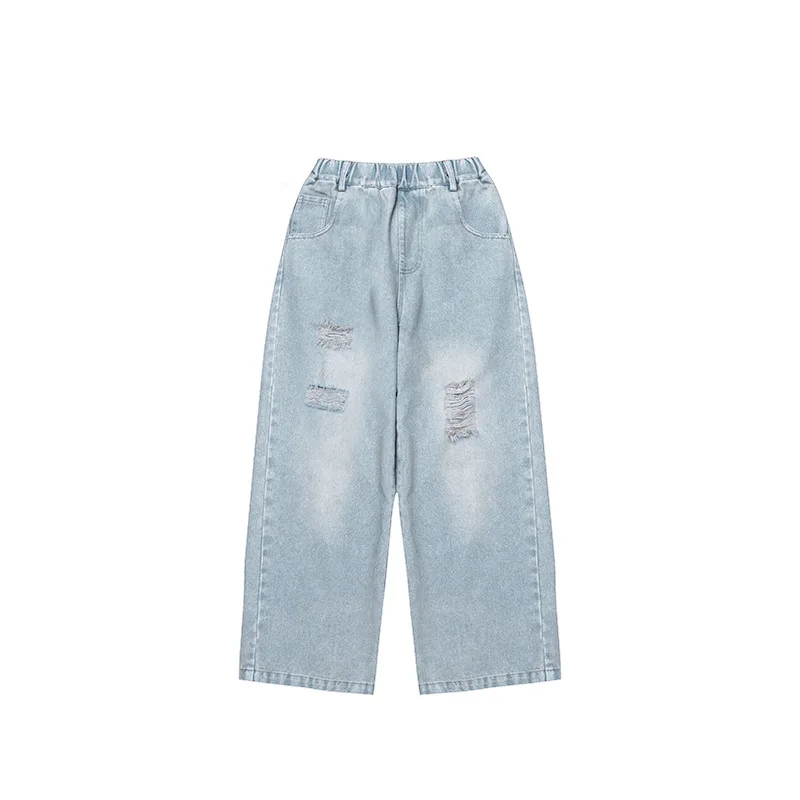 청소년을위한 구멍이있는 아동 패션 디스트레스드 헐렁한 청바지 소녀 캐주얼 파손 데님 바지 어린이 세련된 찢어진 청바지 바지