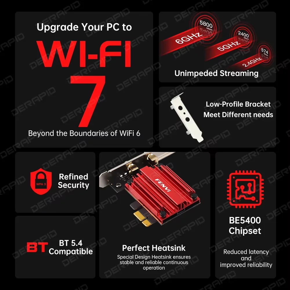 WiFi 7 MT7925 6500M PCIe 네트워크 카드 블루투스 5.4 6500Mbps 트라이 밴드 2.4G 5G 6GHz 고속 무선 어댑터 (Win10/11용)