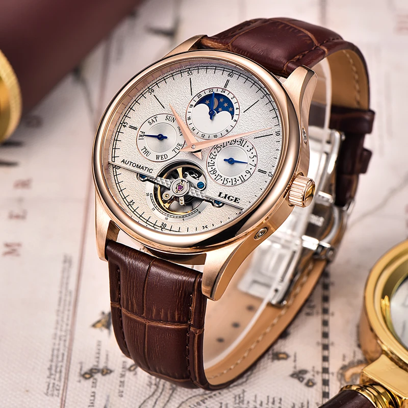 LIGE Tourbillon Watch Men Fashion Business Men Watch Brown Leather Sport Waterproof Automatic Mechanical Wrist Watches For Men