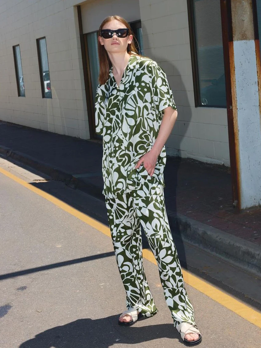 Marthaqiqi Casual Ladies Sleepwear 2 Piece Set Turn-Down Collar Pajama Short Sleeve Nightwear Pants Printing Female Pyjamas Suit