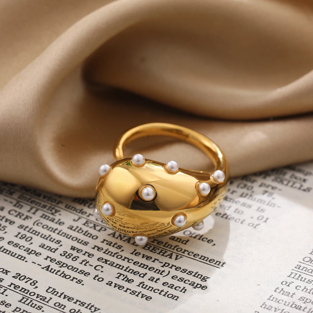 PVD Thick Waterdrop Multicolour Rhinestone Openable Ring Stainless Steel Pearl Glossy Indie Women Rings Designer Vintage Jewelry