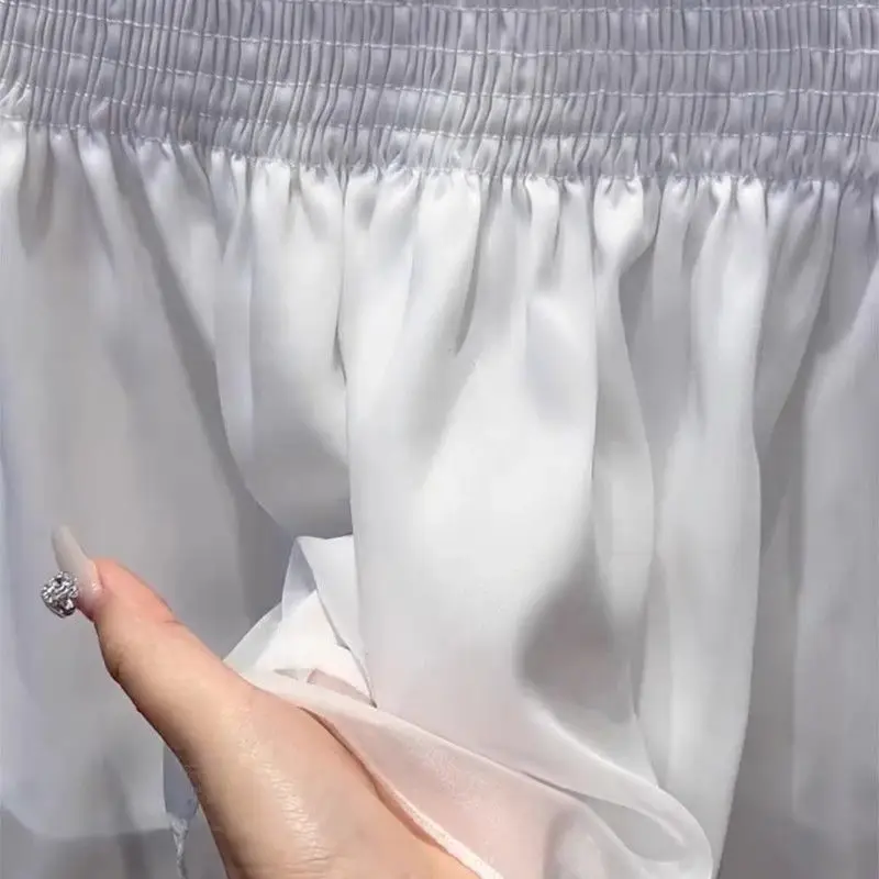 Spring Summer Fashion Sweet Solid Round Neck Chiffon Blouses Women's Ruffles Gauze Elastic Waist Retract Slim Long Sleeve Shirts