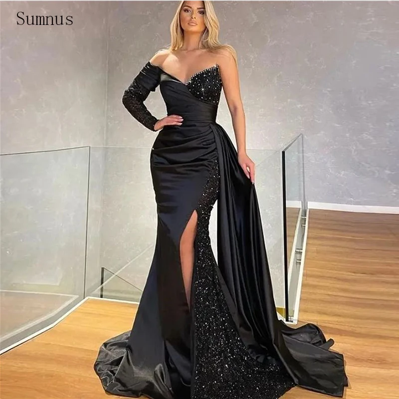 

Sumnus Black Prom Dresses One Shoulder Mermaid High Side Slit Stain Beadings Glitter Evening Dresses 2023 Robe De Soirée Femme