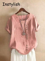 T-shirt à manches courtes en coton et lin, vintage, Harajuku, boutons, décontracté, uni, élégant, surdimensionné, streetwear, été 2