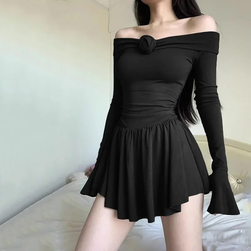 Splice Flower Bodycon Mini Dress For Women Ruffled Folds High Waist Dresses Femme Off Shoulders Casual Slim Dress Woman