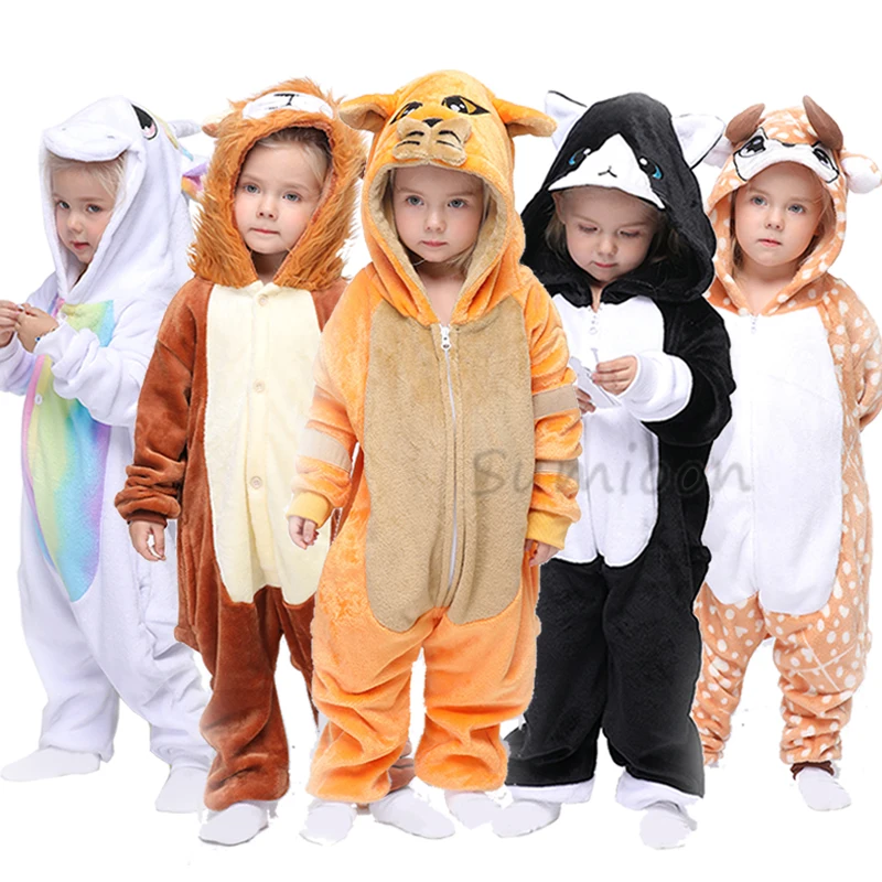 Winter Flannel Unicorn Kigurumi Cosplay Costume For Children Kids Cat Dinosaur Panda Animal Onesies Pajamas Baby Sleepwear