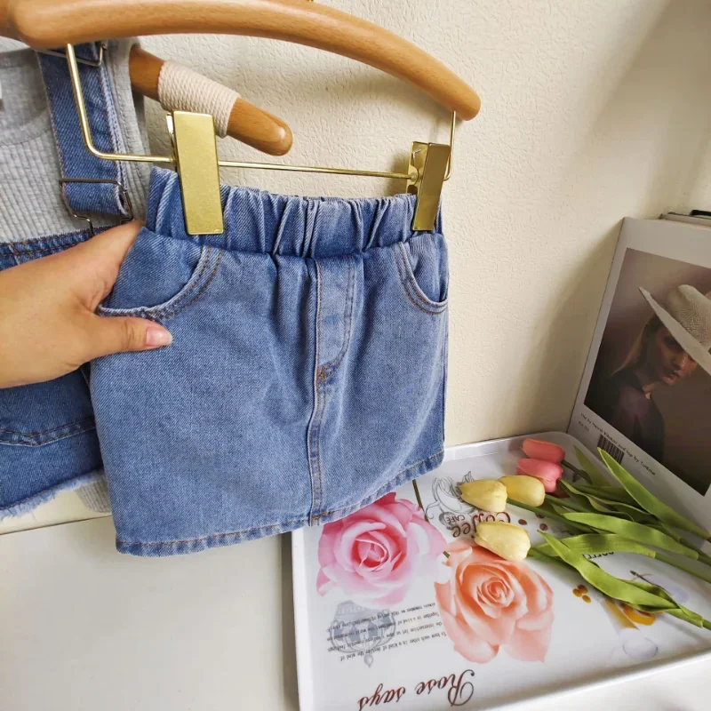 2-7Years Fashion Children Girl Summer Clothes Sleeveless Cotton Vest Tops+Denim Tank Tops+A-line Mini Skirt 3PCS Outfit Kids Set