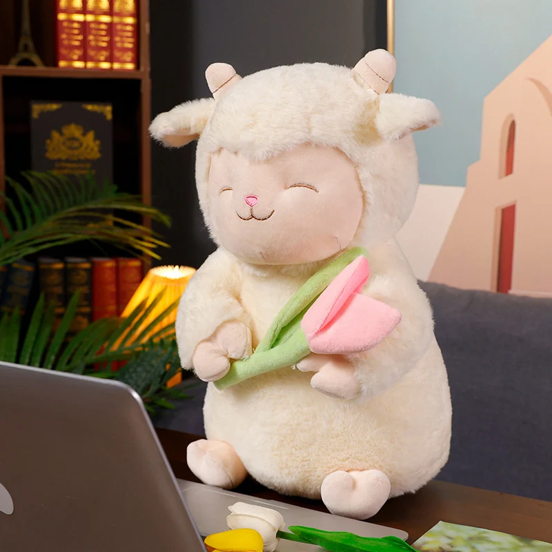 New Kawaii Sweet White Sheep Lam Hold Tulip Flower Plush Doll Soft Stuffed Lamb With Plushie Toy Cute Gift For Kid Birthday