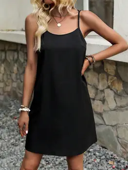 Women's Solid Color Back Cross Design Cami Dress, Casual Fitted Summer Dress for Stylish Outings 1