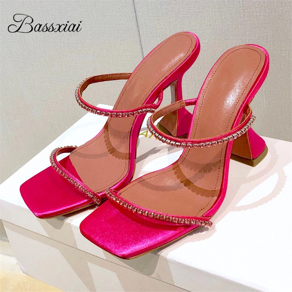 

Crystal Embellished Narrow Band Sandals Women High Goblet Heel Luxury Satin Square Open Toe Slingbacks Mules Summer