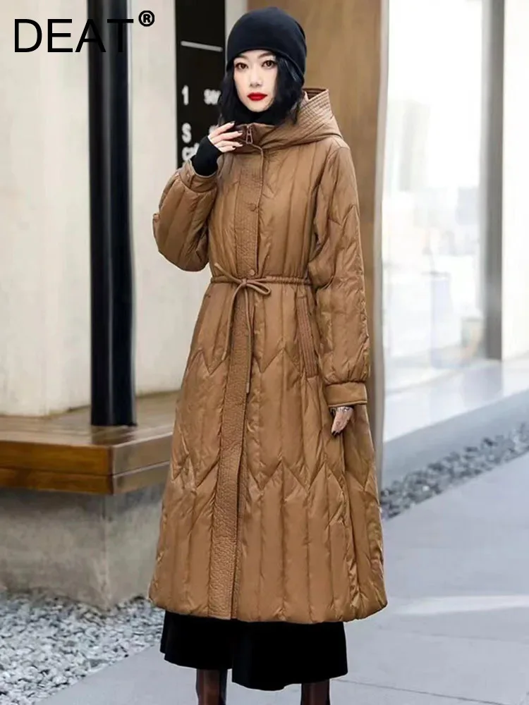 

DEAT Fashion Women's Hoodied Down Coat Loose Zipper Solid Color Drawstring Overknee Thick Warm Overcoat Winter 2024 New 7AB3041