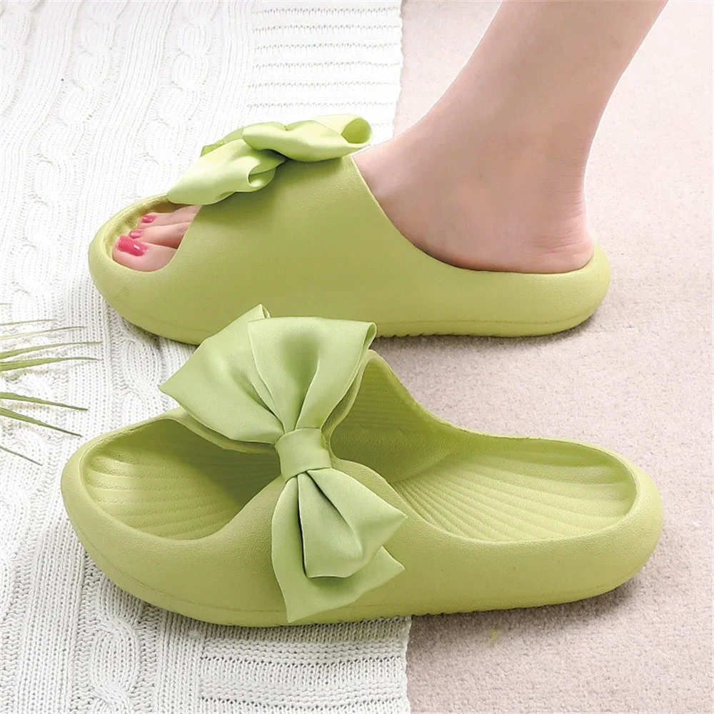 Bow Tie Slippers Women  Summer New Thick Indoor Home Sandals Couples Bathroom Slides Non-slip Soft House Slippers Femme