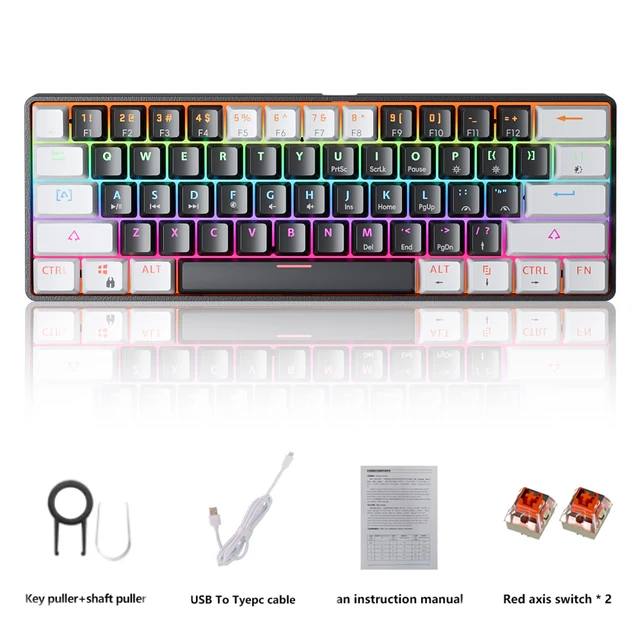 MUCAI MK61 USB Gaming Mechanical Keyboard Red Switch RGB Backlit Hot Swappable 61 Keys Wired Detachable Cable 6