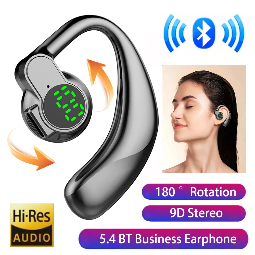 New 180°Wireless Headphone Bluetooth 5.4 Handsfree Noise Canceling Rotatable Sport Digital Display Earphones Single Ear Earhook 2