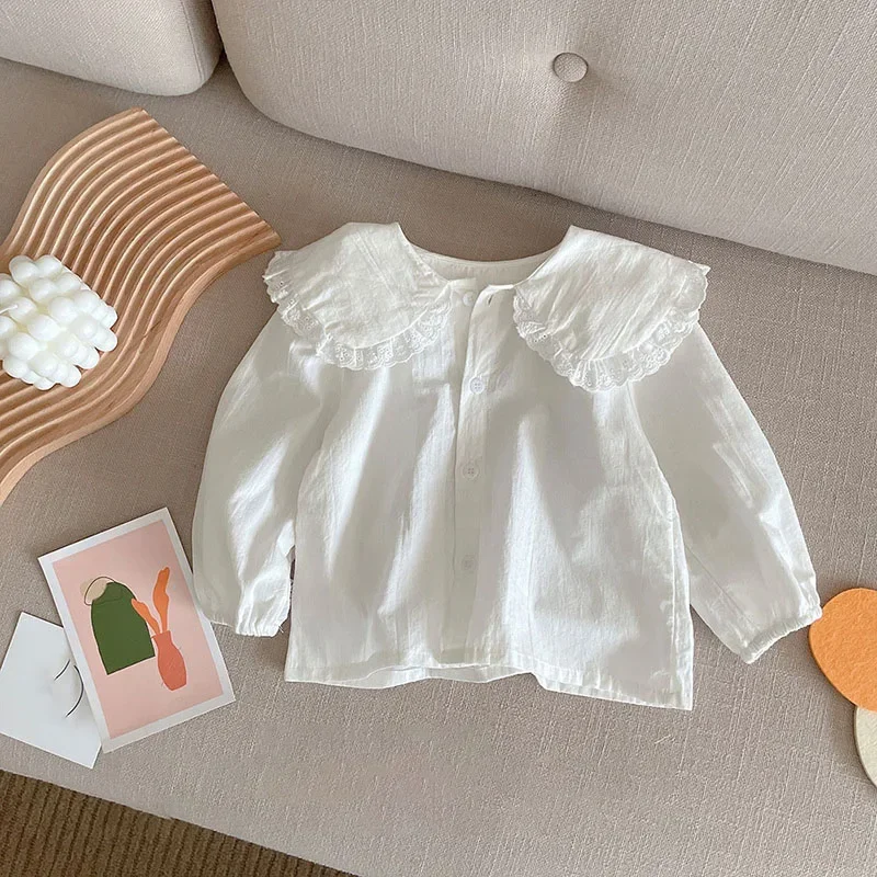 2025 New Spring Girls' Shirt Base Top 1-6 Y Kid's Solid Color Bottoming Shirt Childrens Baby Peter Pan Collar Blouse