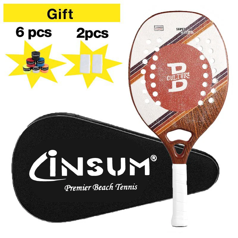 Beach Tennis Racket 3K Carbon EVA Soft 22mm Round Grit with Cover Bag