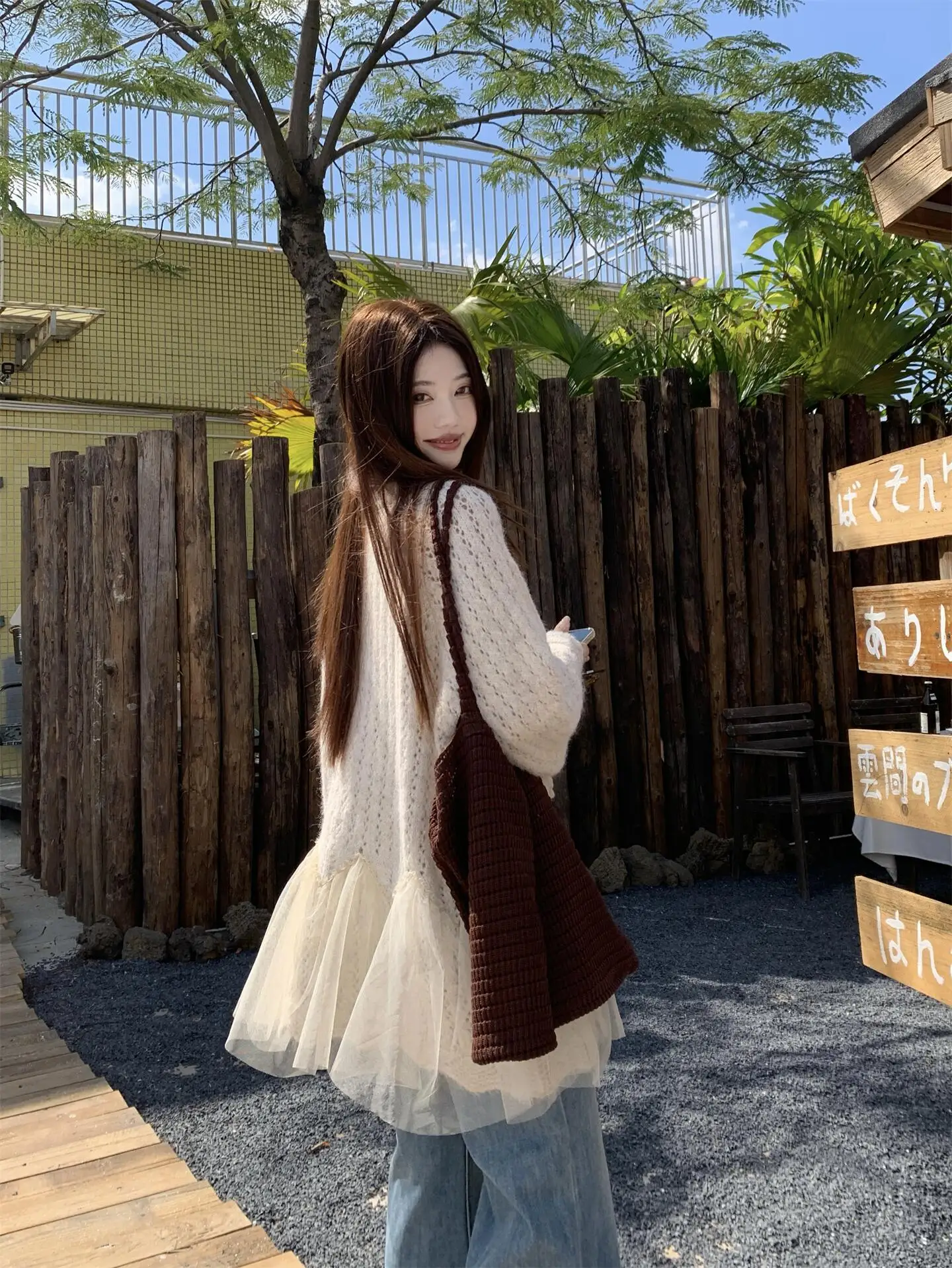 3D Floral Mesh Splicing Knitted Sweater Coat Women's Spring New Mid-Length Casual Top V-neck Long Sleeve Button Closure
